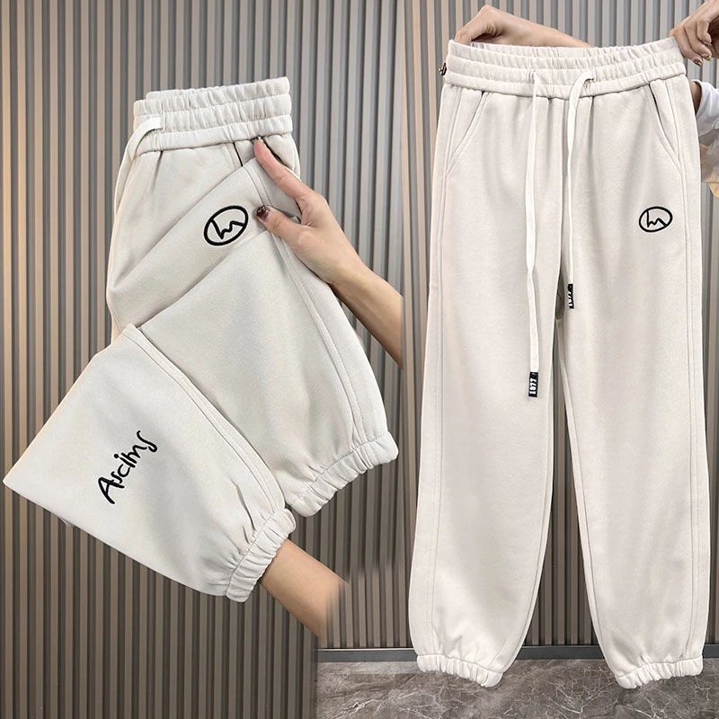 欧货白色卫裤女春秋新款宽松显瘦束脚九分休闲裤运动哈伦裤萝卜裤