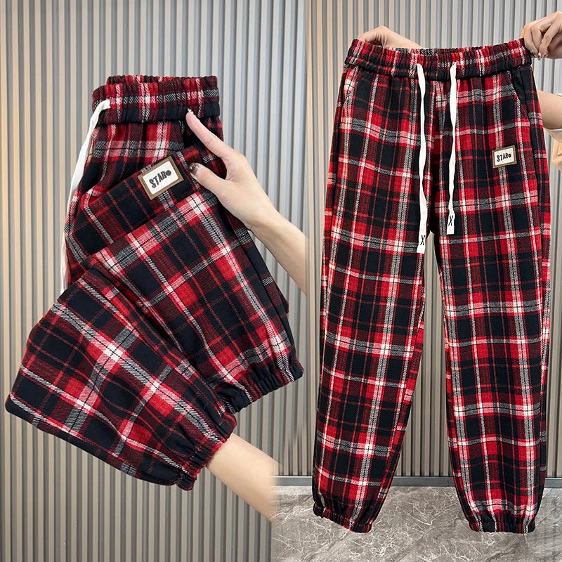 欧货2023春秋新款格子休闲裤女百搭卫裤时尚洋气束脚哈伦裤运动裤