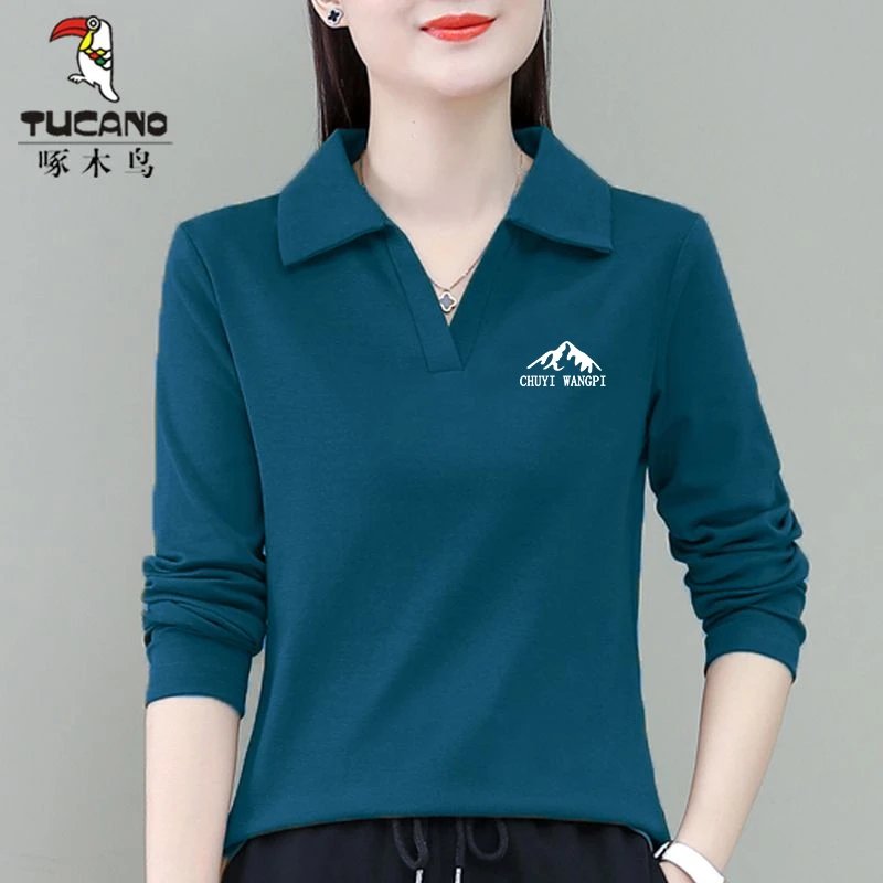 啄木鸟官方正品2023年秋季百搭休闲polo女装修身显瘦长袖翻领上衣