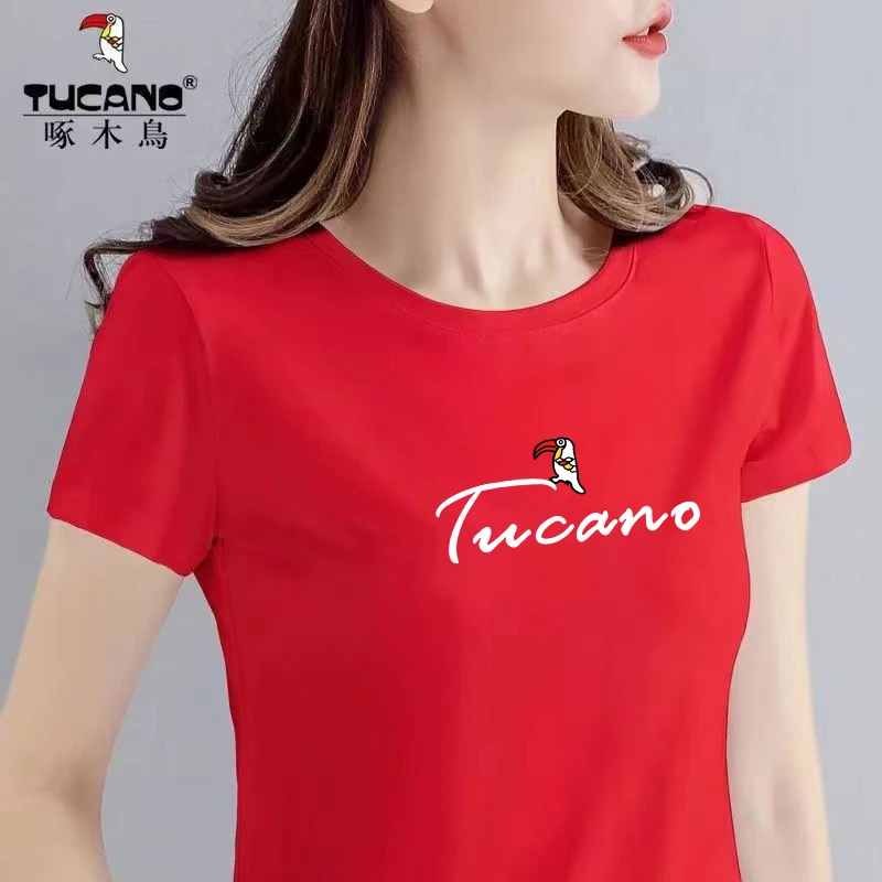 啄木鸟官方正品2024年春夏季印花时尚百搭透气短袖圆领简约女上衣