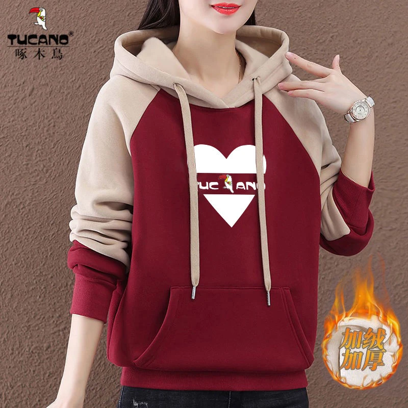 啄木鸟正品冬季加厚保暖卫衣上衣2024年新款宽松百搭显瘦连帽外套