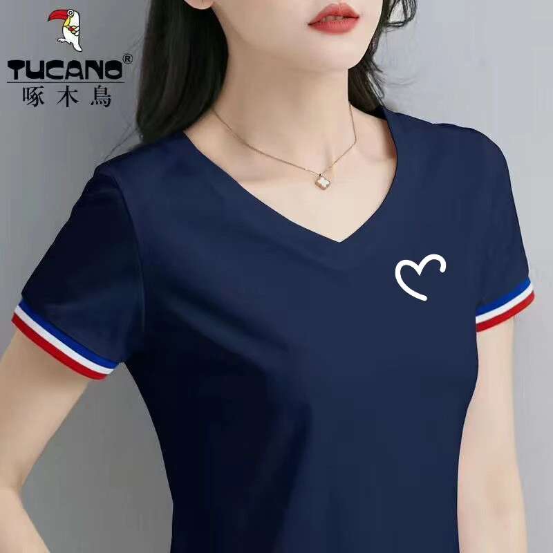 啄木鸟官方正品2023夏季薄款女装休闲简约百搭女装修身时尚V领T恤