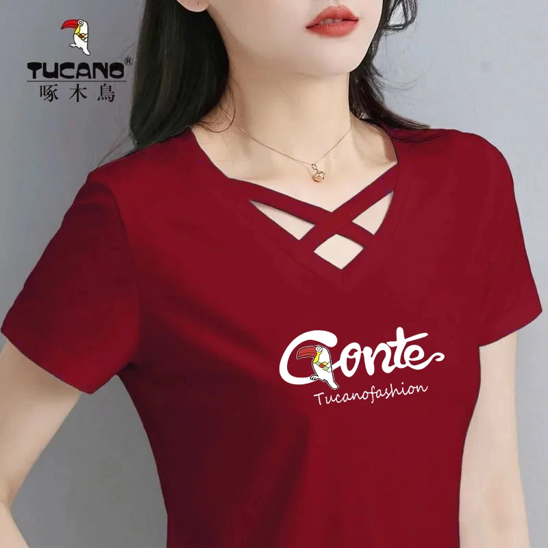 啄木鸟2023百搭夏季薄款正品女装上衣修身显瘦气质镂空V领短袖T恤
