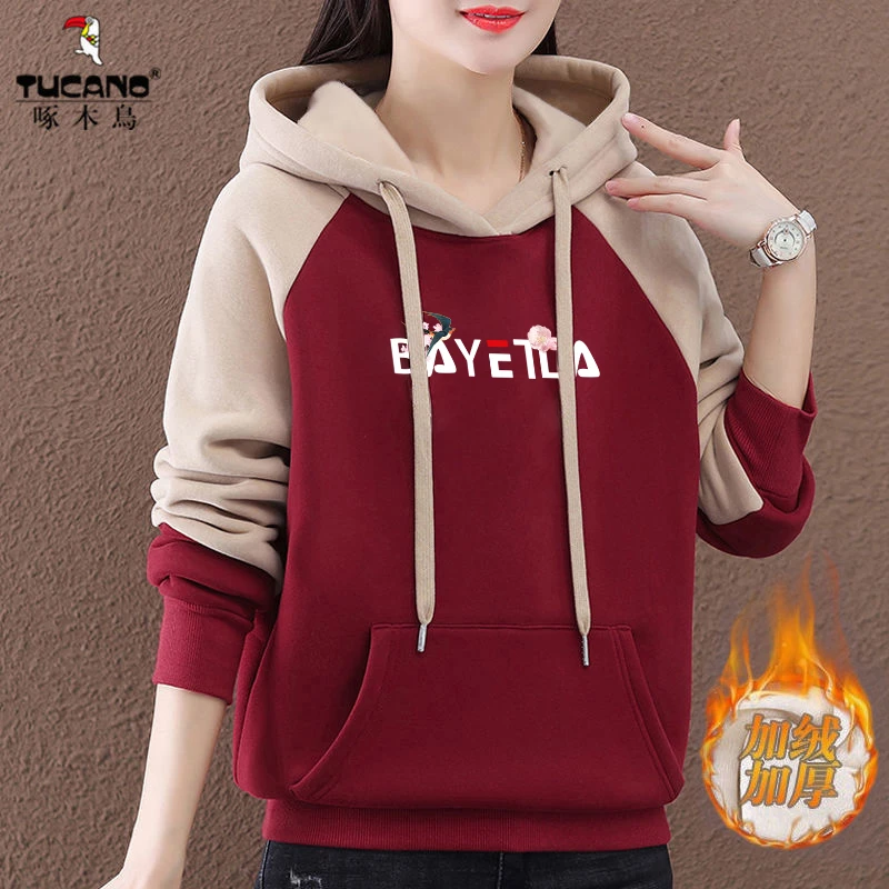 加绒 啄木鸟正品新款2023年秋冬季宽松棉款拼接卫衣休闲百搭上衣