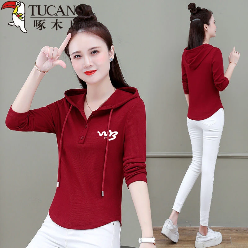 啄木鸟正品春秋薄款长袖印花T恤女2024套头百搭修身时尚连帽上衣