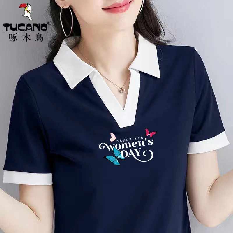 啄木鸟正品2023夏季短袖t恤修身女装翻领polo衫新款时尚薄款上衣