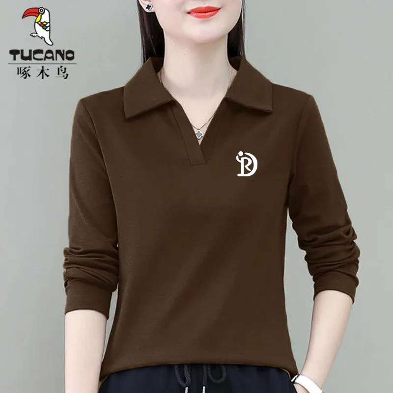 啄木鸟春秋薄款简约通勤ins潮T恤女2024年运动休闲翻领上衣长袖