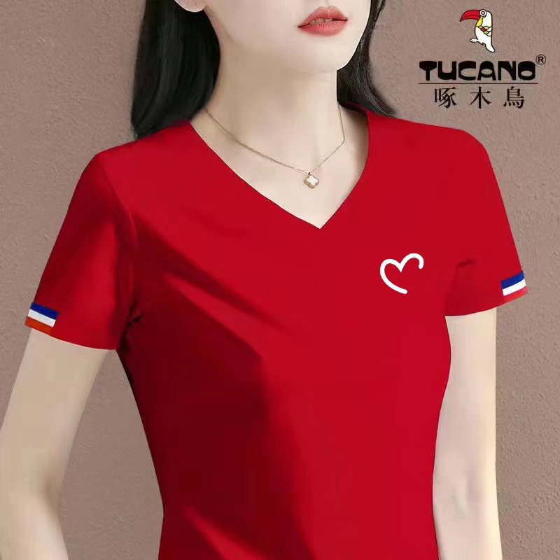 啄木鸟官方正品2023夏季薄款女装上衣纯棉简约印花小罗纹V领短袖