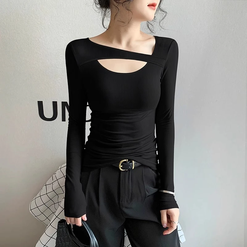 针织镂空长袖打底衫女春秋冬新款内搭黑色不规则设计感显瘦上衣潮