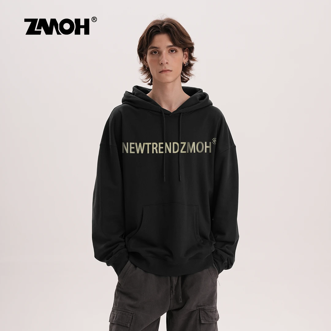 ZMOH基础款百搭字母LOGO连帽卫衣休闲落肩宽松潮流男装情侣外套