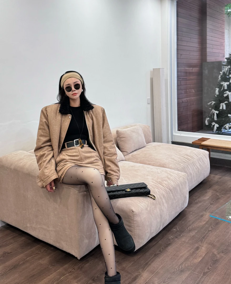 吉吉【融雪暖茶】秋冬新款时尚休闲外套配腰带裙裤套装#24819 C7236