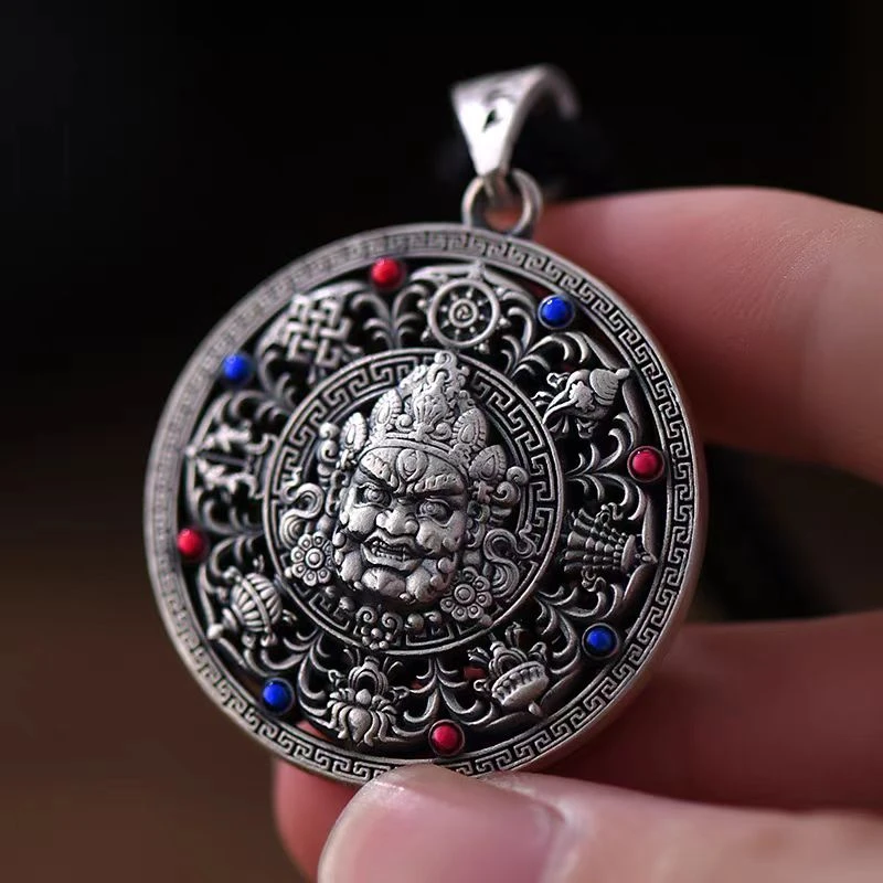 吊坠足银 足银999珐琅彩黄财神吊坠男款复古国风藏式八宝罗盘项链
