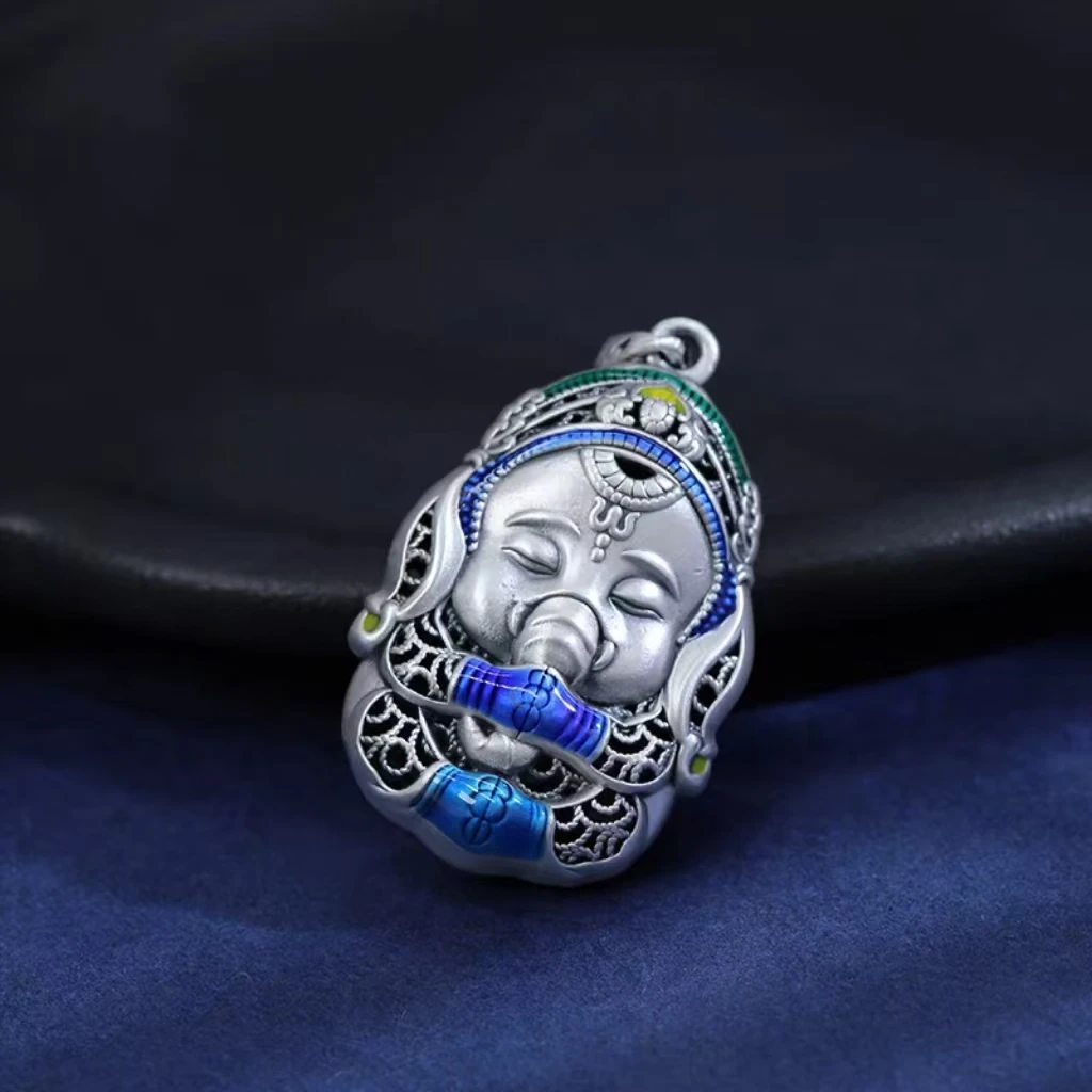 吊坠足银 足银999珐琅彩神象宝宝吊坠双面掐丝复古烧蓝做旧国潮