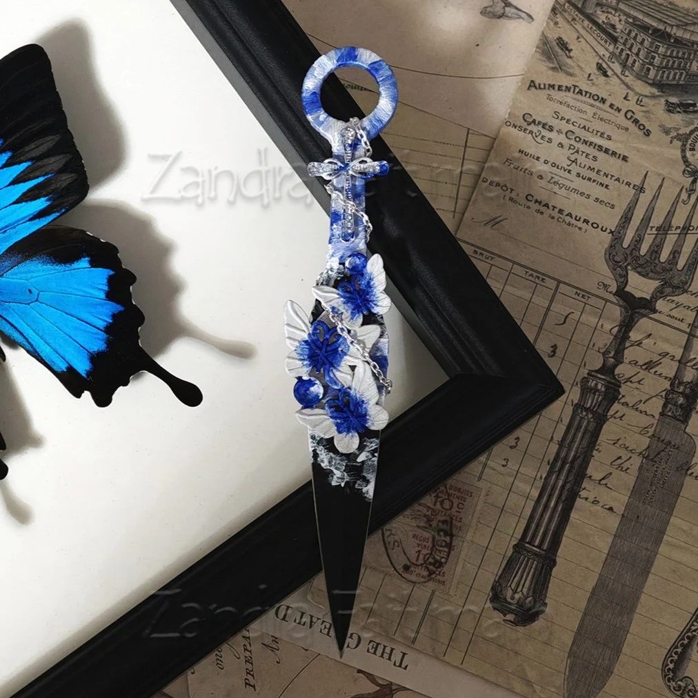 【赞德拉手作】原创欧式设计苦无手作刀手绘蓝白蝴蝶小众纯手工摆件