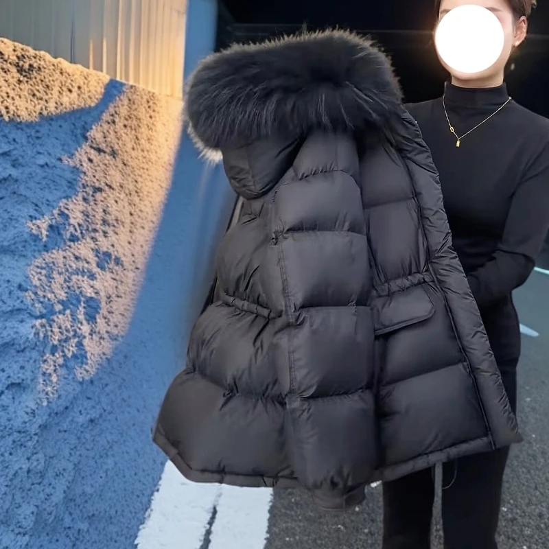 时髦洋气毛领黑色棉服女装冬季新款高级感收腰防寒加厚面包服外套