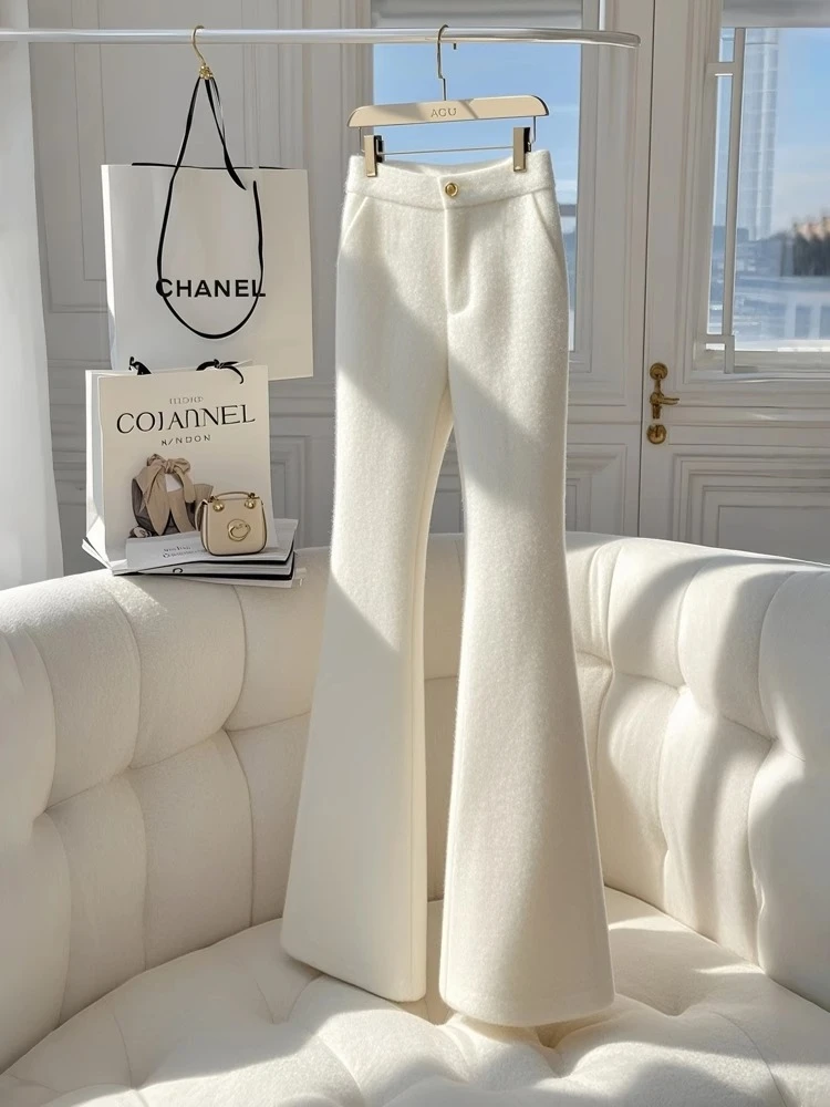 2024年冬季爆款高级感超好看气质高腰显瘦长裤白色喇叭加厚裤子女