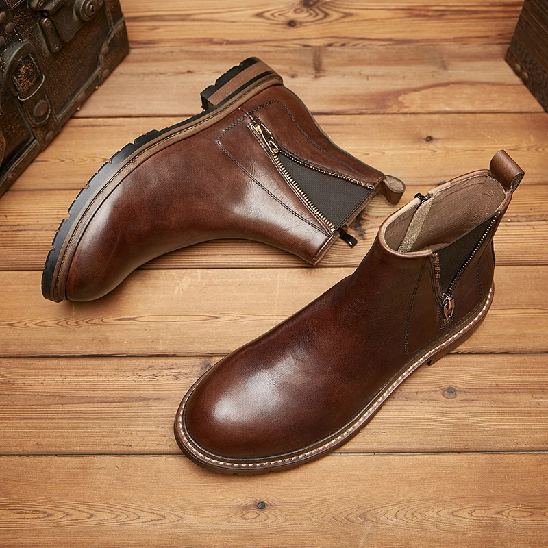 （加绒）切尔西靴男款真皮牛皮软皮冬季拉链短靴英伦风复古商务男