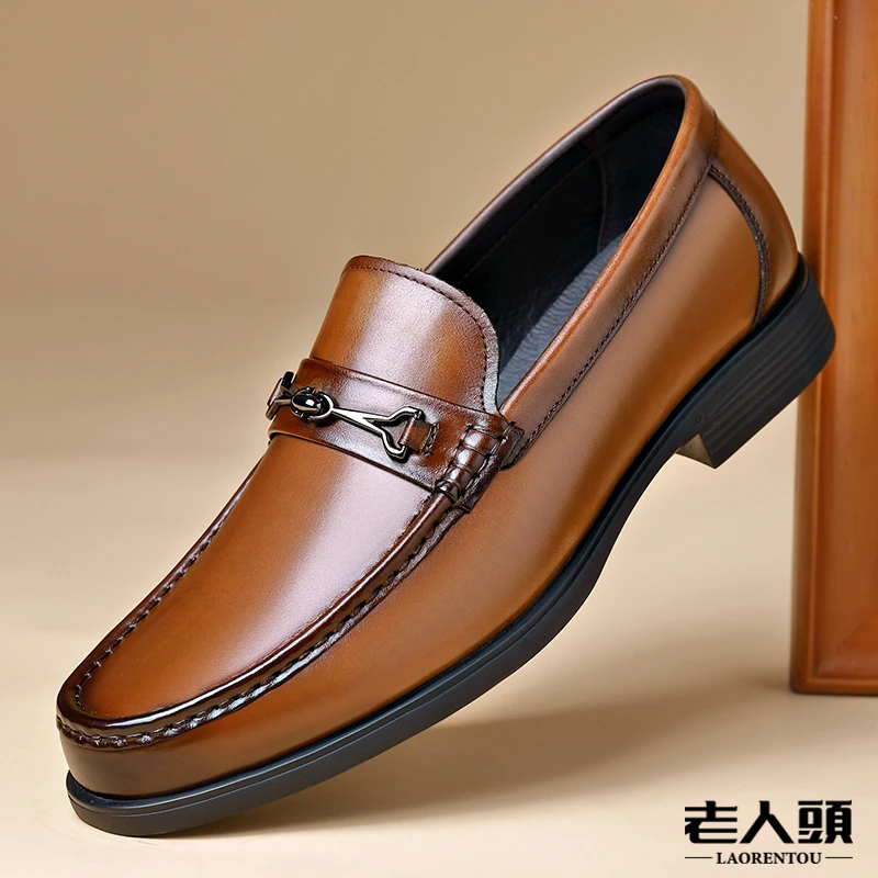 老人头高端商务休闲皮鞋真皮头层牛皮豆豆鞋软底软面乐福鞋驾车鞋