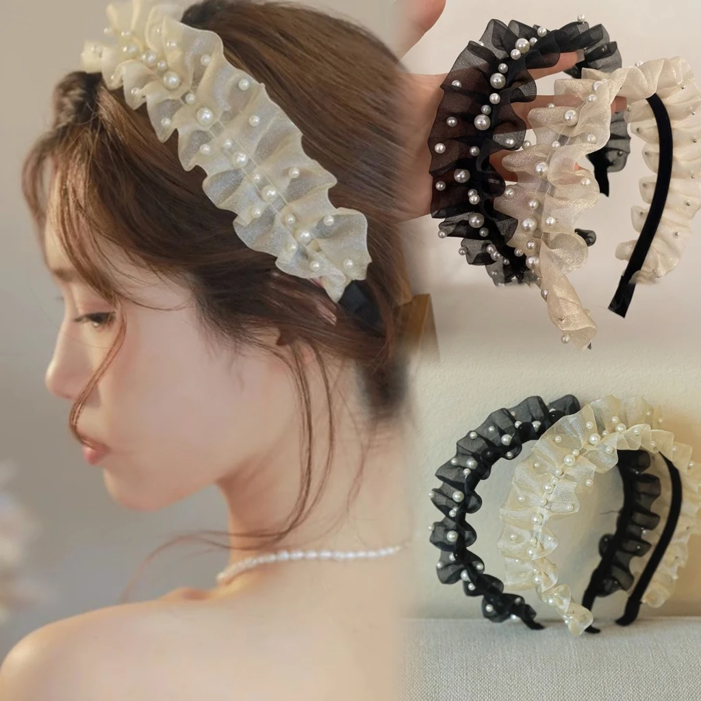 褶皱网纱珠珠发箍气质少女高级ins网红头饰法式仙女外出洋气防滑