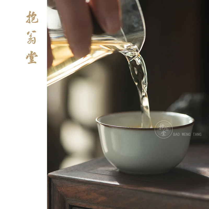 抱翁堂景德镇—汝窑天青窝足杯纯手工茶杯玉璧底品茗杯复古