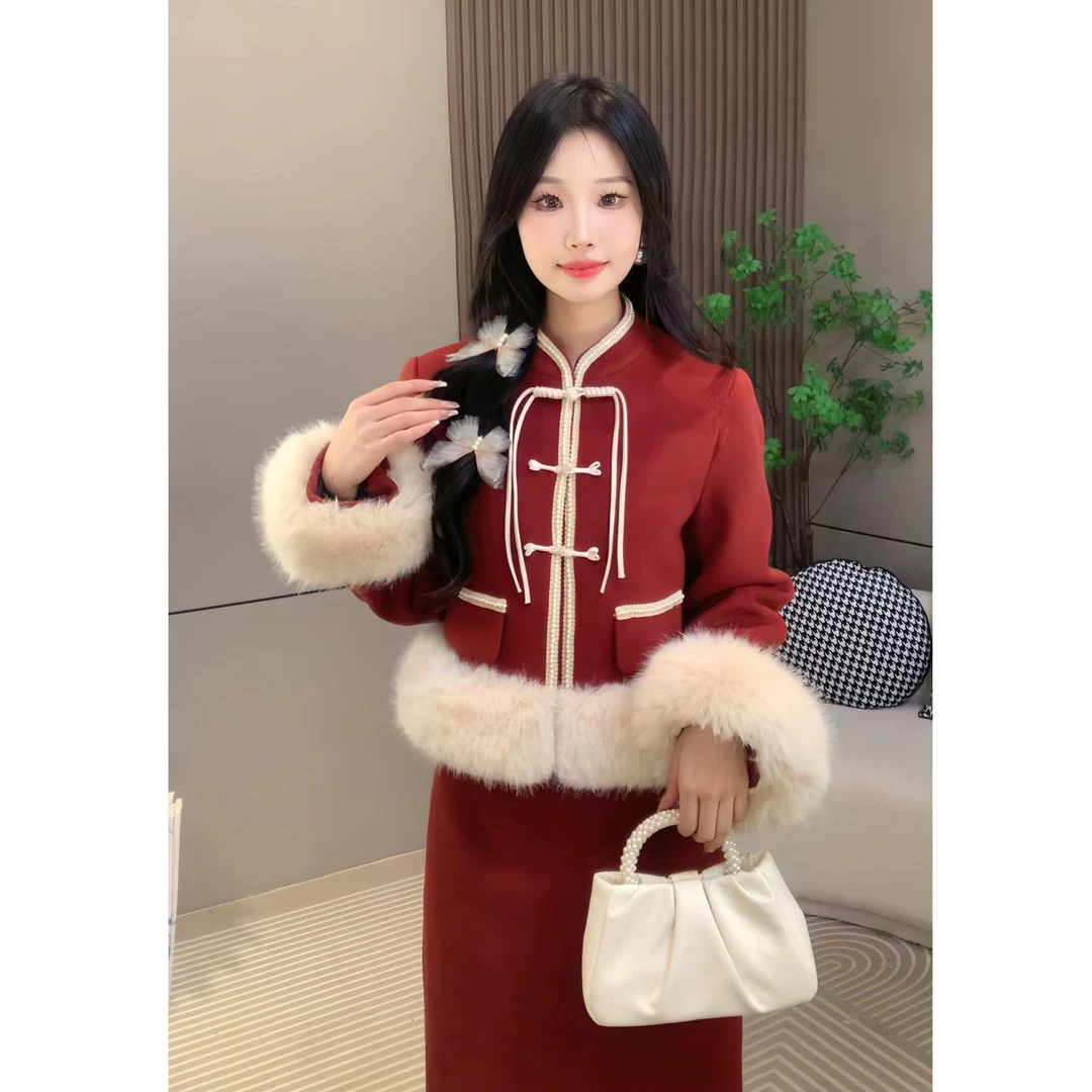 【柔柔】红色新年新中式高级毛毛拼接喜庆显白国风冬款中国风两件套