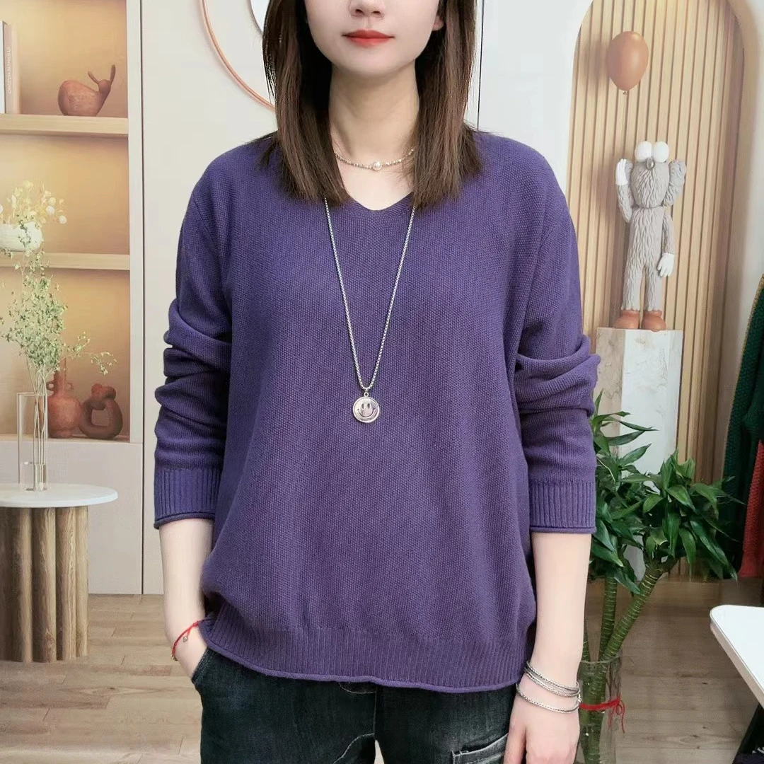 显瘦长袖针织衫纯色宽松白休闲春秋时尚百搭韩版套头秋V领秋冬