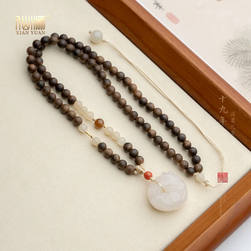 【18K】莺歌绿奇楠沉香5mm+和田玉藕粉凤九脖挂硬绳抽绳搭南红糖玉