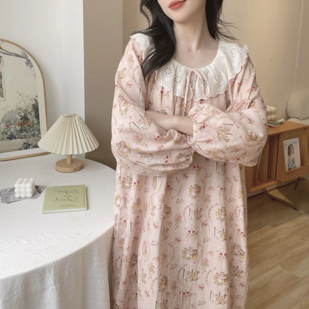 【5504猫咪长裙】长袖圆领甜美新款棉外穿公主家居服睡衣长袖睡裙