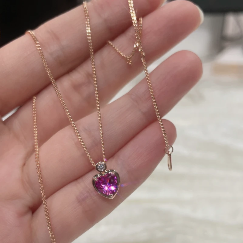 坠链均925银合成锆石 高定玫瑰金色玫红小爱心项链2KL