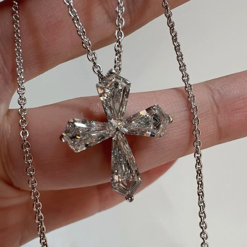坠链均925银合成锆石 高定无边十字架项链