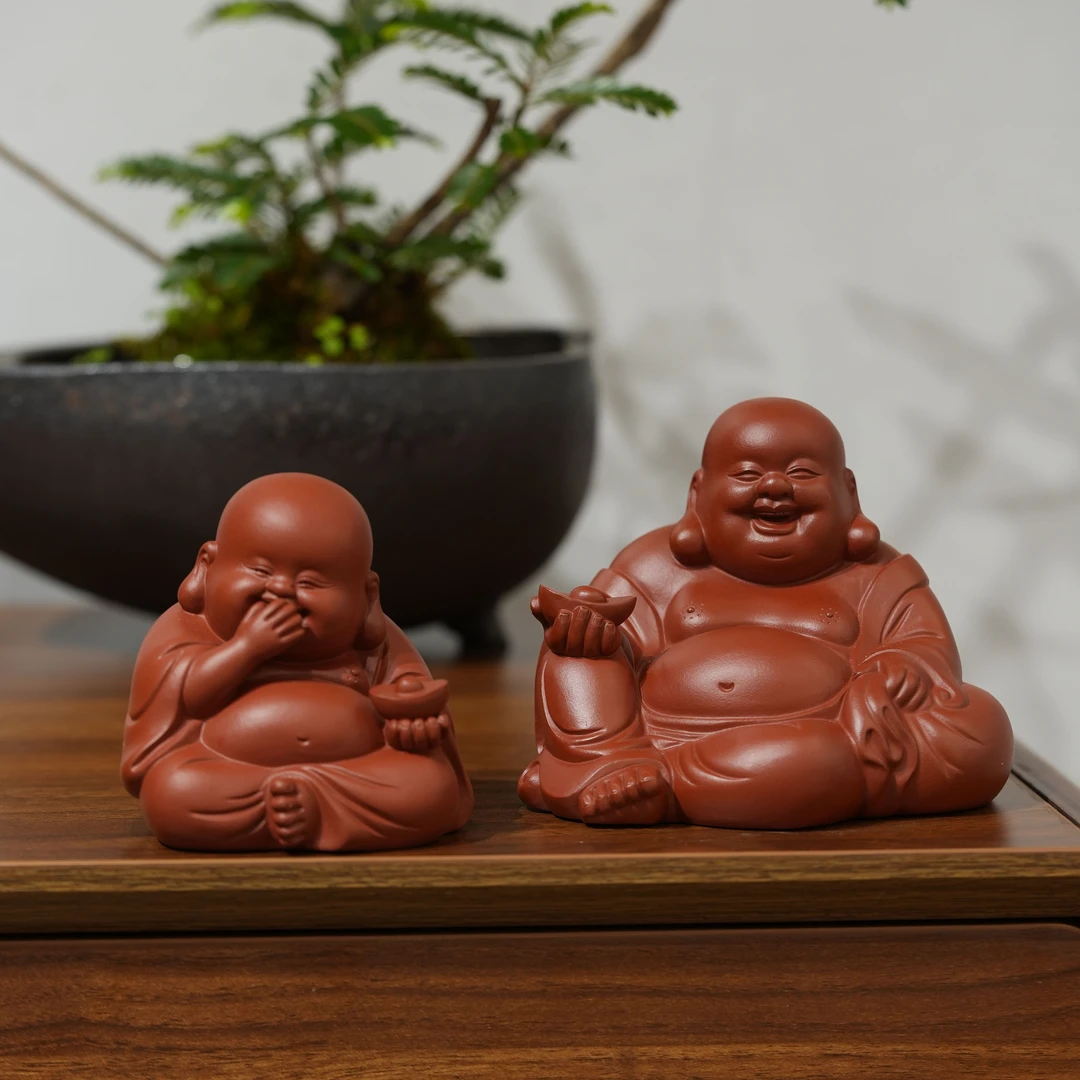 宜兴紫砂大肚弥勒佛茶宠精品可养元宝招财布袋佛茶台茶盘摆件茶玩