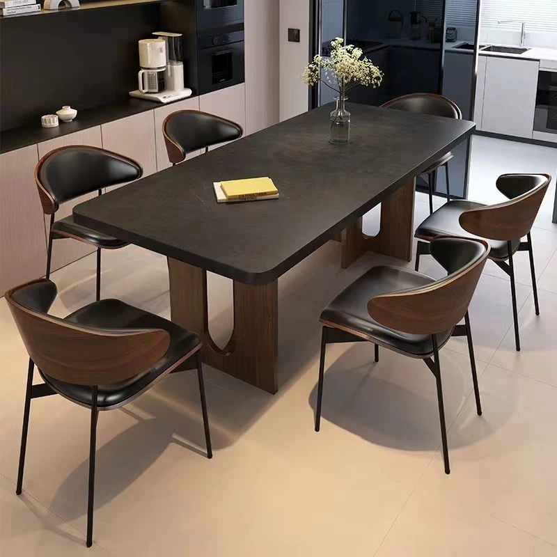 复古侘寂风黑胡桃色实木岩板意式吃饭桌长方形中古餐桌椅书桌岛台