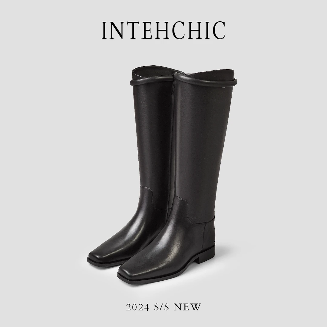 INTHECHIC高筒靴新款秋冬靴子方头真皮长筒靴小个子骑士靴