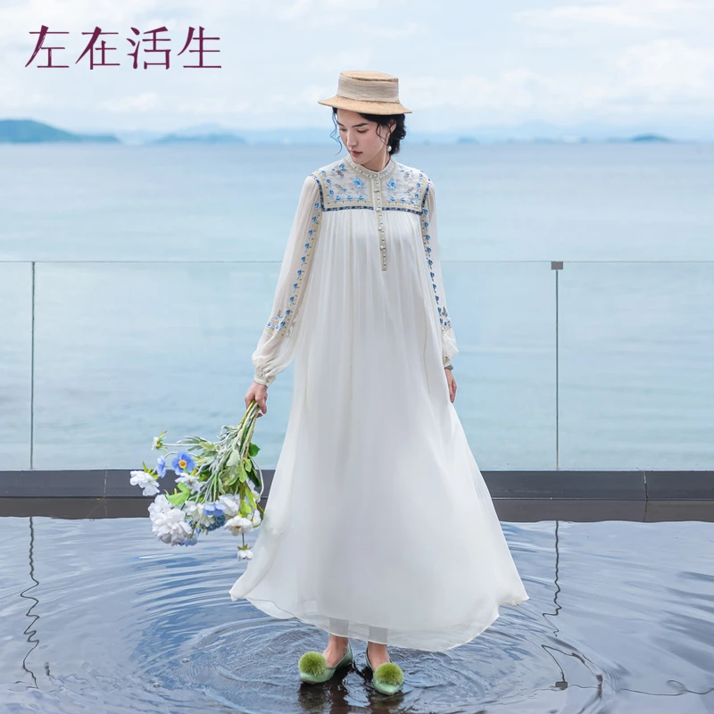 【含香公主】生活在左新中式绣花真丝连衣裙气质长裙配腰带1933170