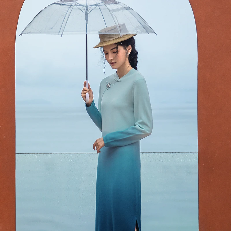 生活在左绵羊毛混纺毛织连衣裙青绿色复古修身2023裙子女1933187