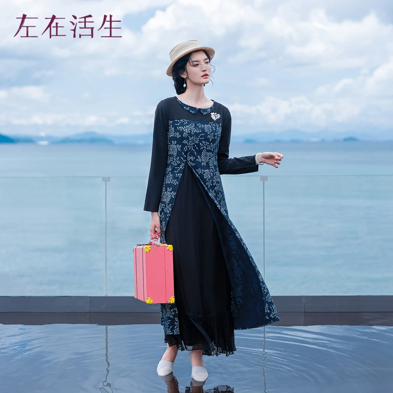 生活在左棉连衣裙拼真丝复古气质2023蓝印花布裙子女1933249