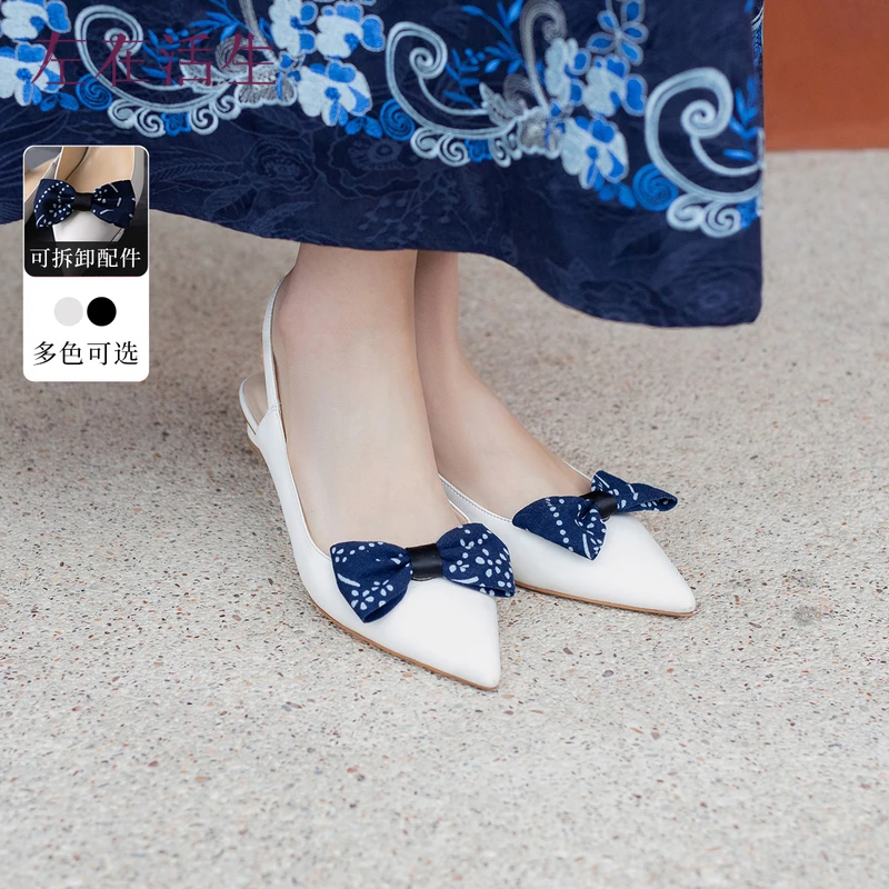 生活在左|2024春夏百搭羊皮单鞋拆卸蝴蝶结尖头中低跟鞋子4941362