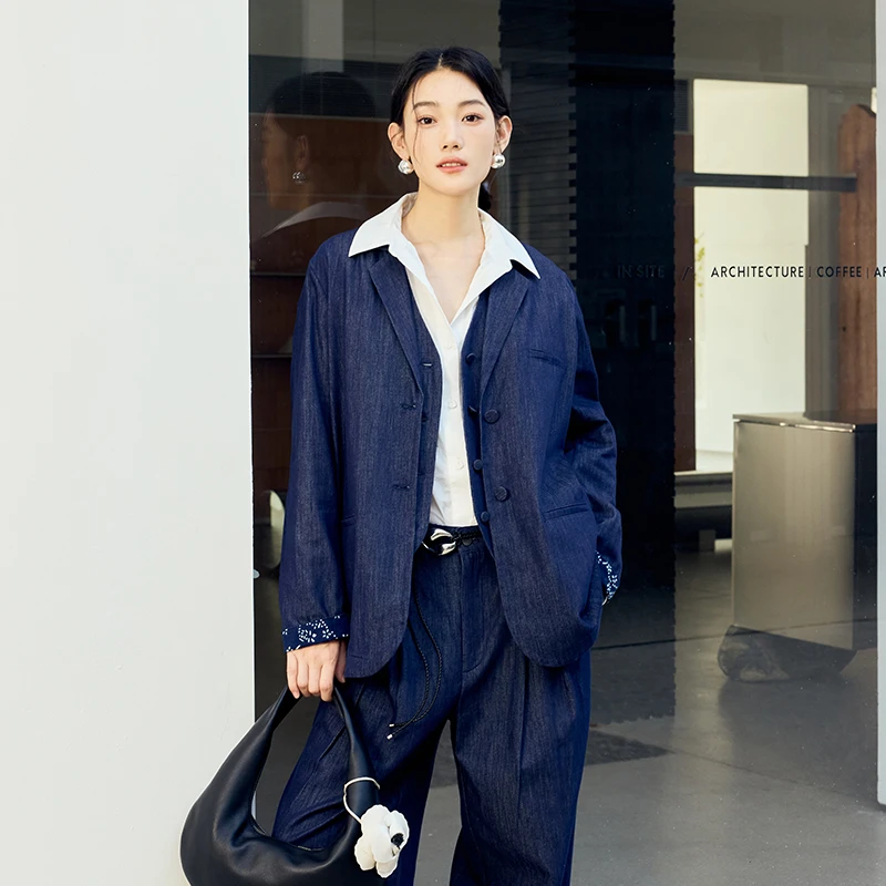 生活在左2025春棉混纺小西装拼蓝印花布传统复古外套上衣1951079