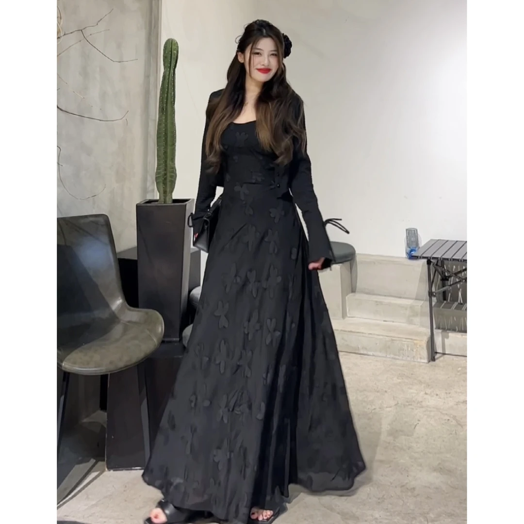 （黑道千金）（单独连衣裙）微胖妹妹设计感提花显瘦掐腰显瘦长裙