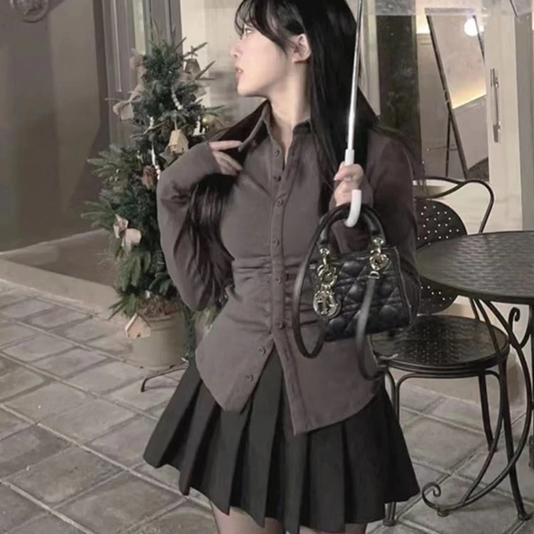 （甜辣妹妹）时尚纯欲辣妹大码衬衫高腰掐腰显瘦衬衣+百搭百褶裙