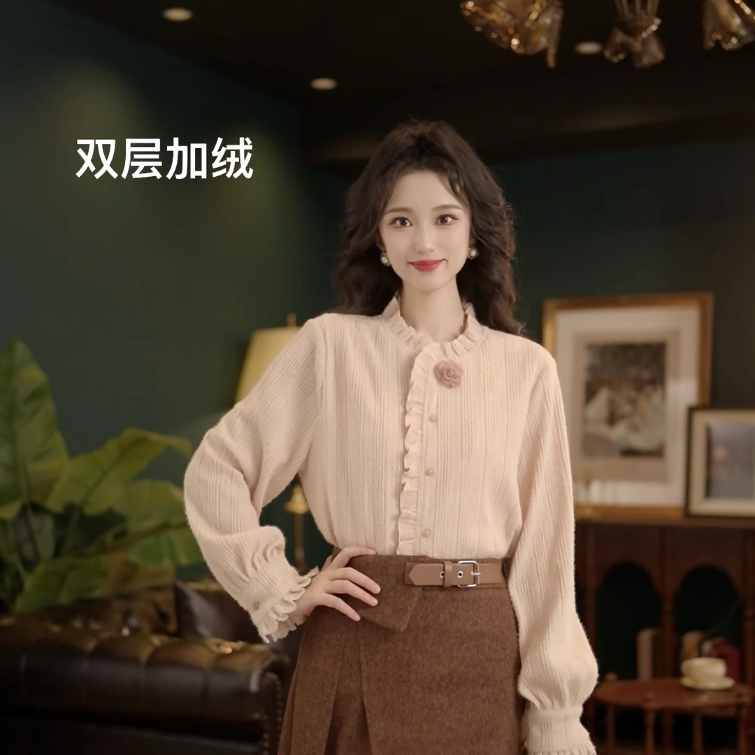 琦琦【荔枝桃饮】加绒加厚气质港风设计感宽松长袖衬衫YE0706142