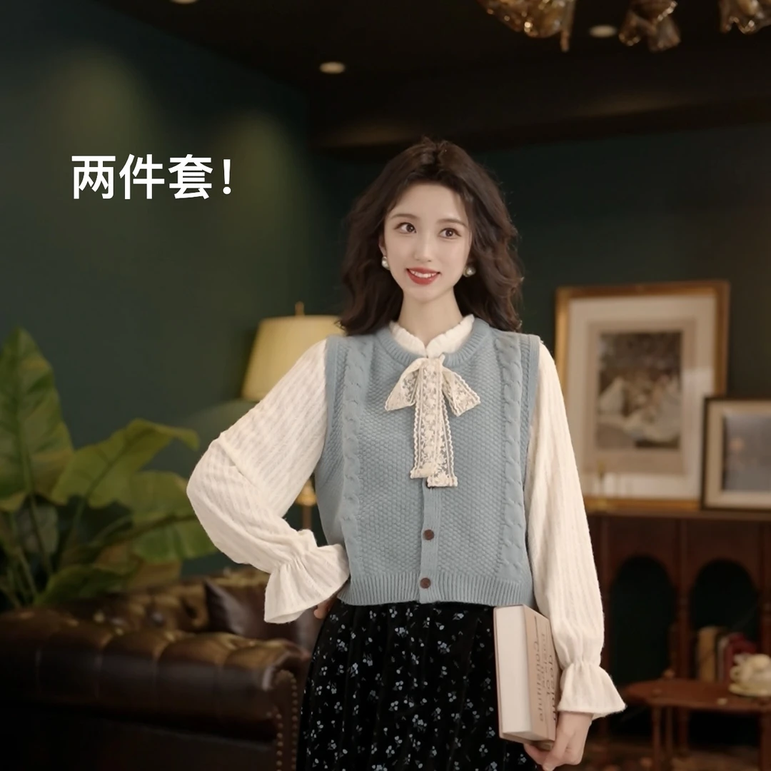 琦琦【法式少女】气质设计感真两件针织马甲衬衫女YA1999337