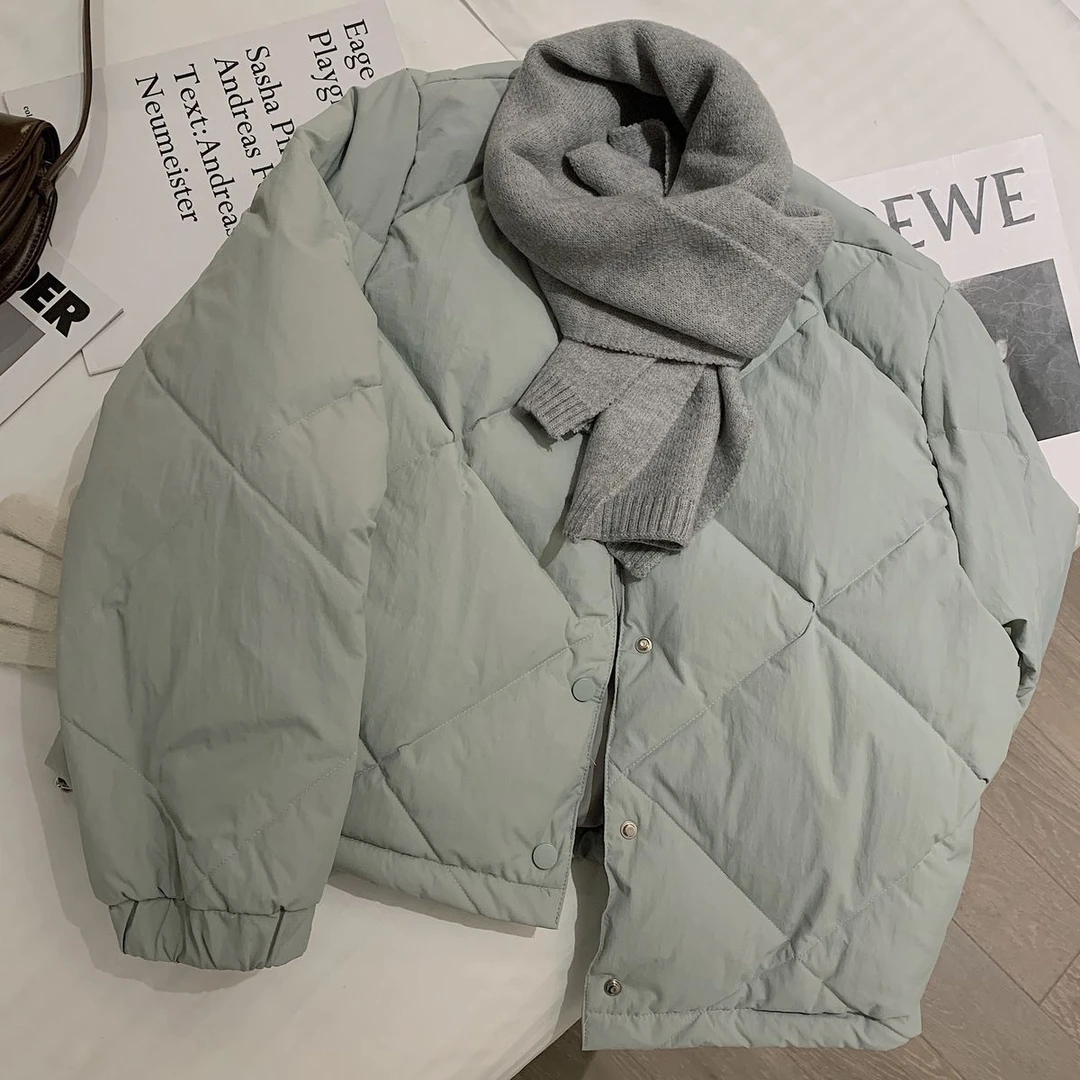 豆绿色棉服女短款2023年秋冬新款韩版宽松百搭小个子日系风外套潮