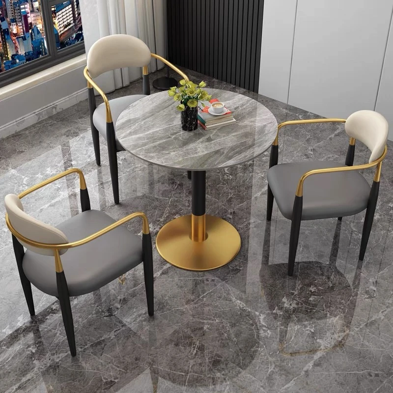 轻奢岩板接待洽谈判桌椅组合商务售楼处休闲咖啡奶茶店阳台圆餐桌