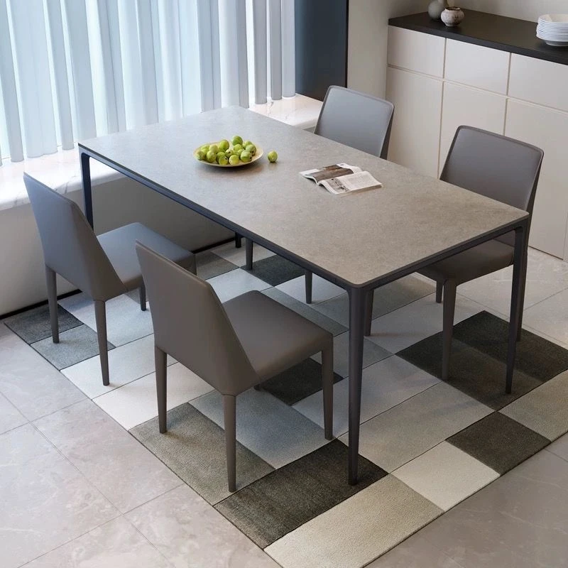 轻奢岩板餐桌极简铝合金家用出租房小户型长方形高端吃饭桌椅组合