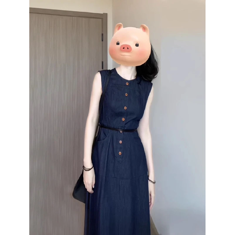 法式复古蓝色牛仔无袖连衣裙通勤显瘦a字背心裙高端精致气质长裙