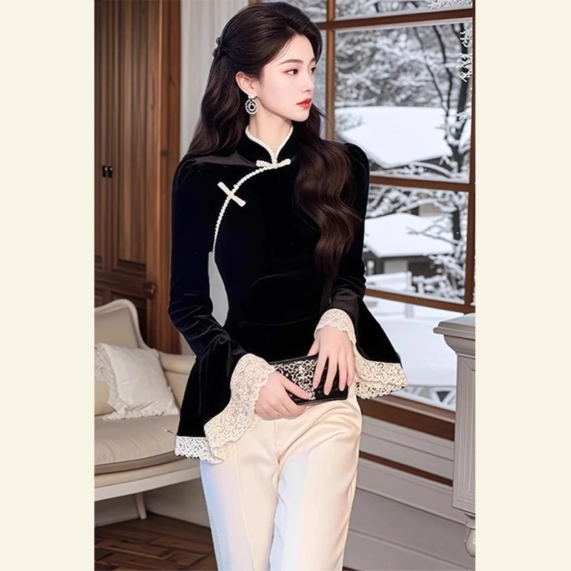 新中式国风女装盘扣丝绒上衣2024秋冬新款蕾丝拼接复古黑色打底衫