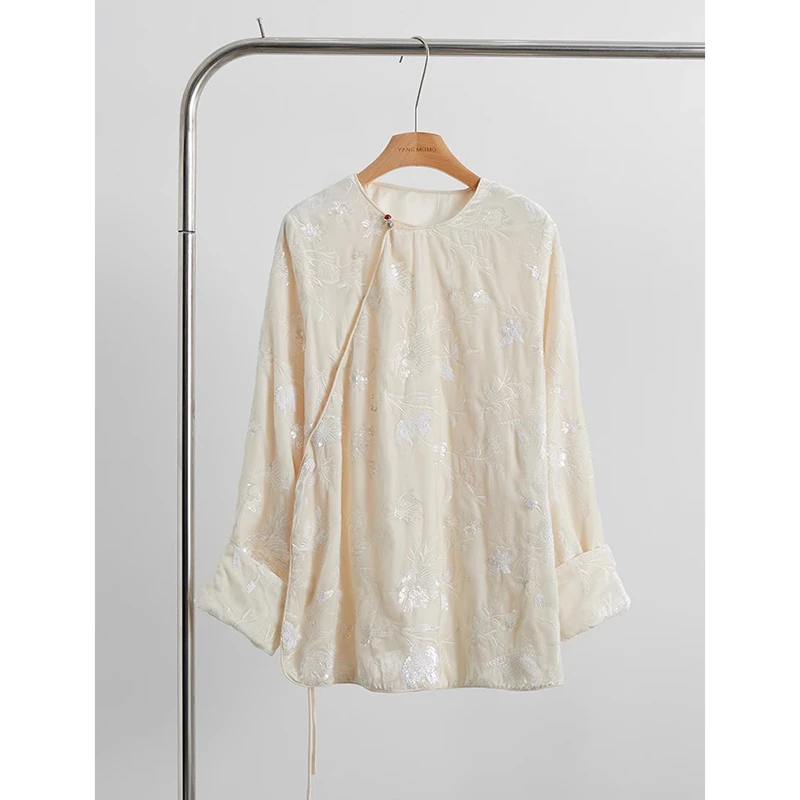 新中式国风女装丝绒上衣2024秋季新款清冷感禅意宽松提花衬衫外套