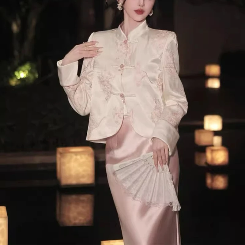 新中式国风女装盘扣上衣2024秋季新款复古小个子外套半身裙两件套