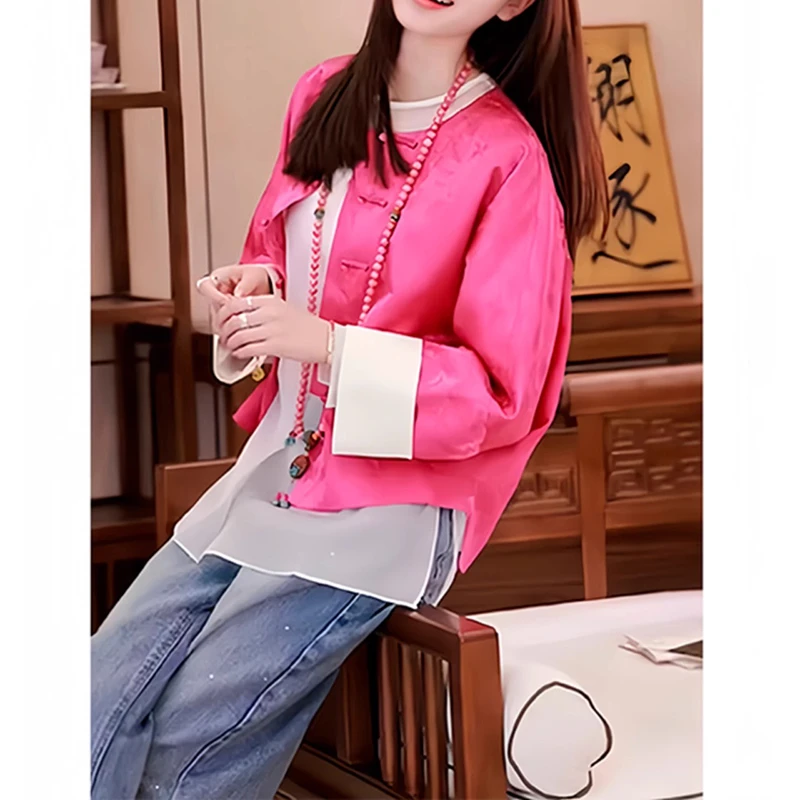 新中式国风高端高级感老钱风小个子玫红色盘扣提花唐装短外套女春